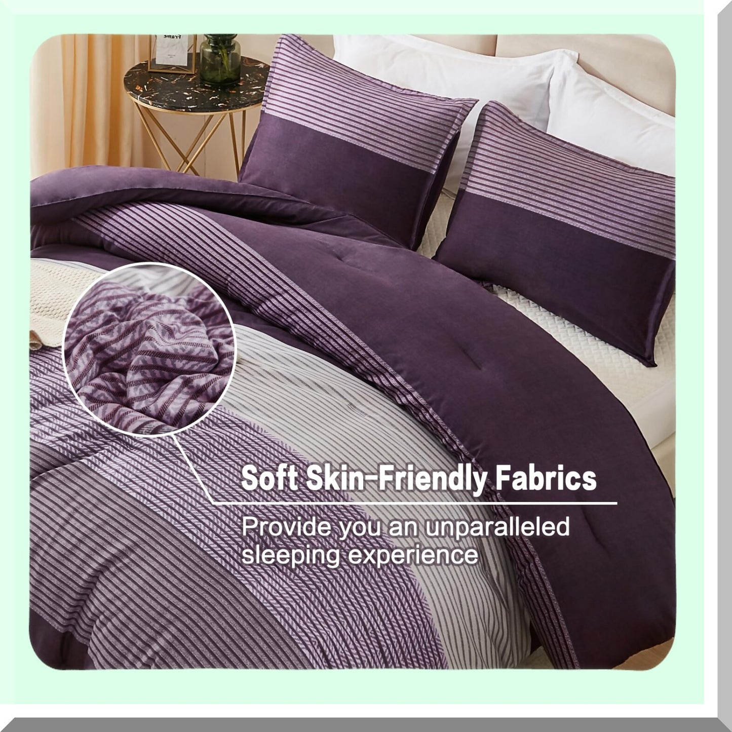 Luxury Stripe Purple Comforter Set - 3 Piece Bedding Set with Down Alternative Comforter, Soft Lightweight All Season Queen Comforter with 2 Pillowcases