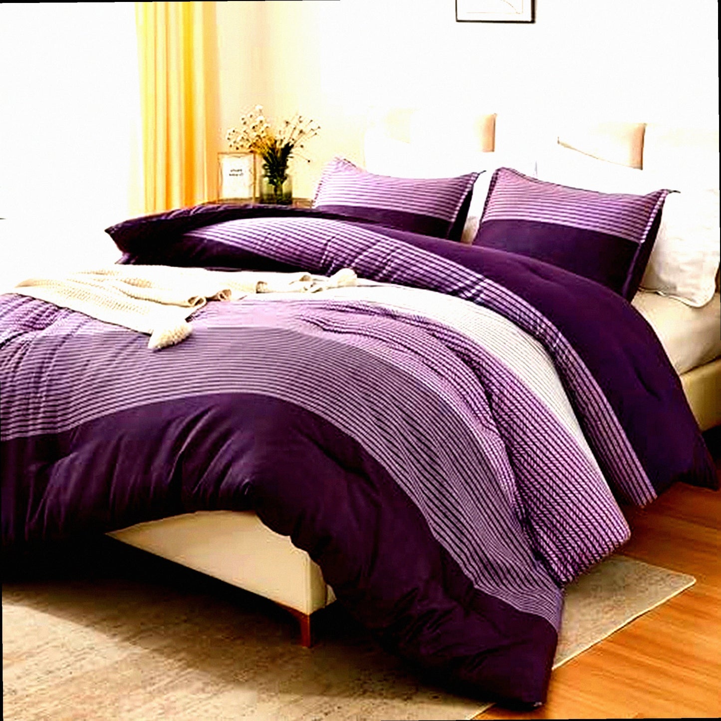 Luxury Stripe Purple Comforter Set - 3 Piece Bedding Set with Down Alternative Comforter, Soft Lightweight All Season Queen Comforter with 2 Pillowcases