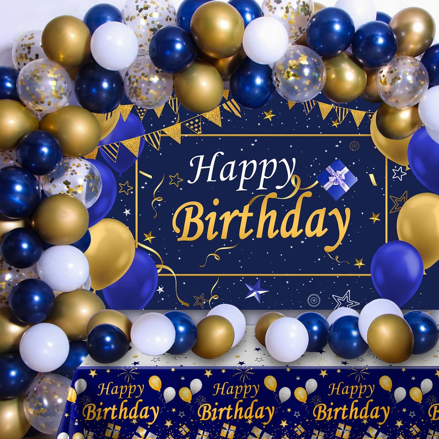 Birthday Bliss Party Pack - Blue & Gold Decor Set with Backdrop, Tablecloth, Balloons, Arch Kit, Banner, Table Cover - Ideal for Men, Women, Boys & Girls!