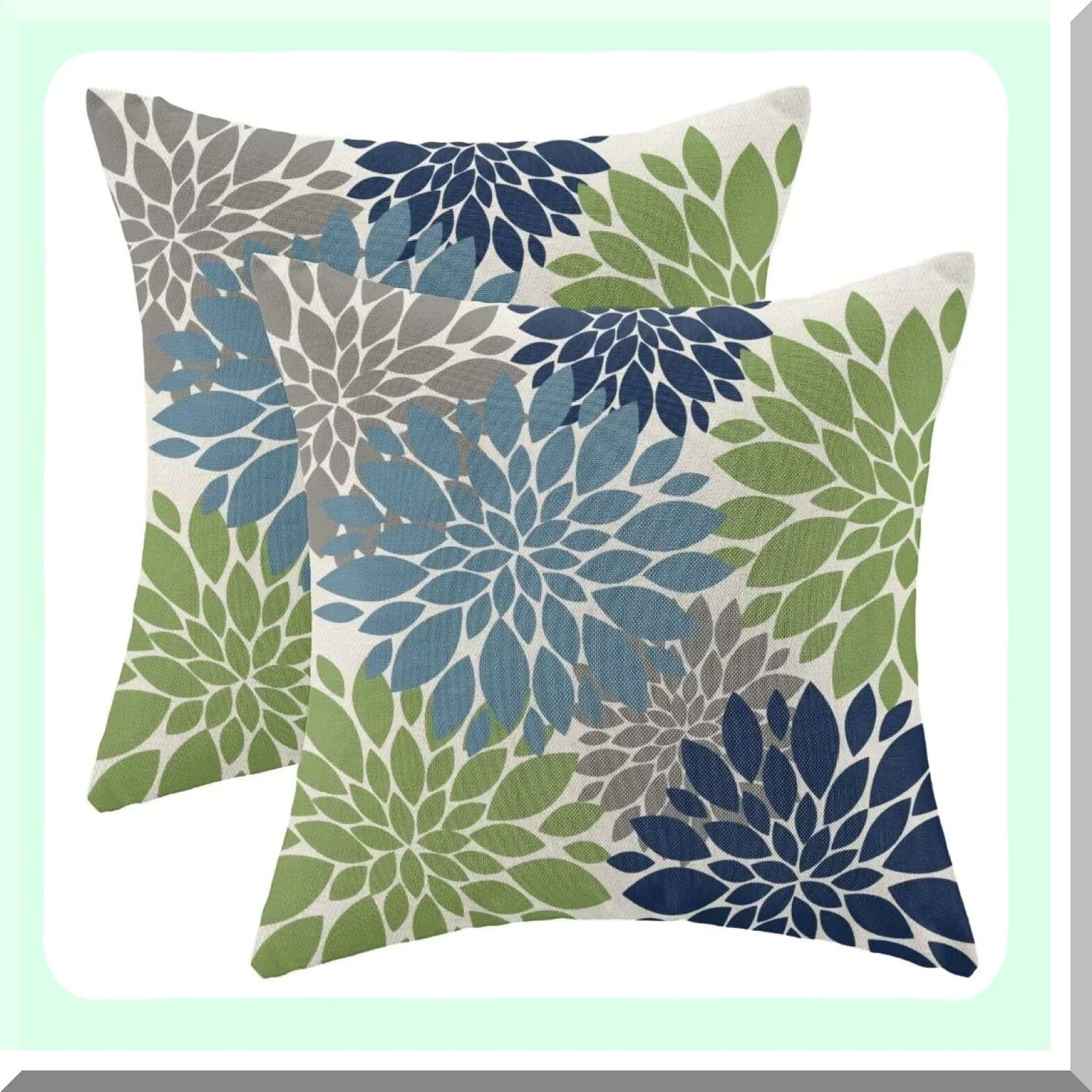 Geometry Blooms Pillow Covers - Set of 2 Navy Light Blue Green Decorative Throw Pillow Covers. Modern Linen Farmhouse Design for Couch Sofa Summer Home Outdoor Decor.