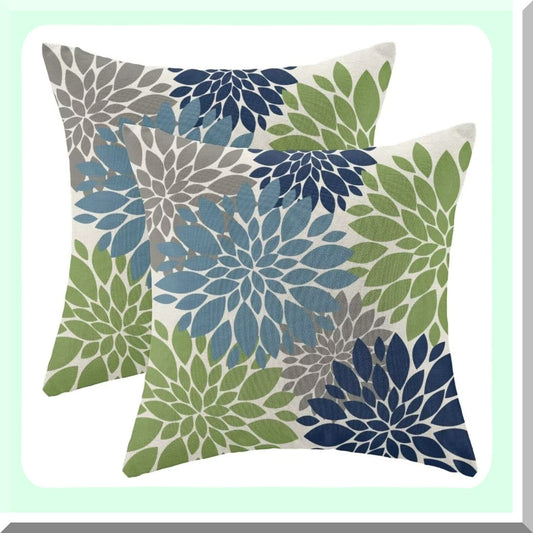 Geometry Blooms Pillow Covers - Set of 2 Navy Light Blue Green Decorative Throw Pillow Covers. Modern Linen Farmhouse Design for Couch Sofa Summer Home Outdoor Decor.