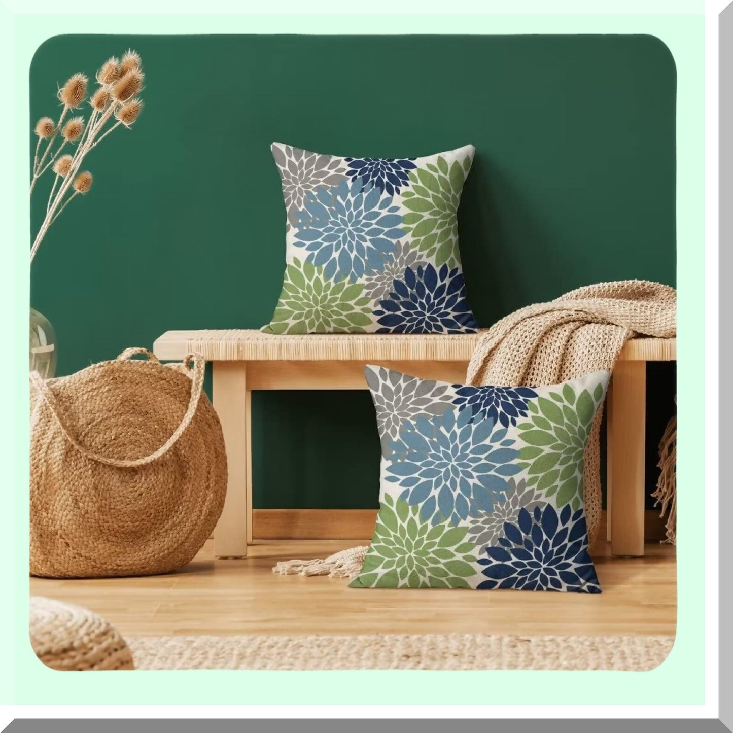 Geometry Blooms Pillow Covers - Set of 2 Navy Light Blue Green Decorative Throw Pillow Covers. Modern Linen Farmhouse Design for Couch Sofa Summer Home Outdoor Decor.
