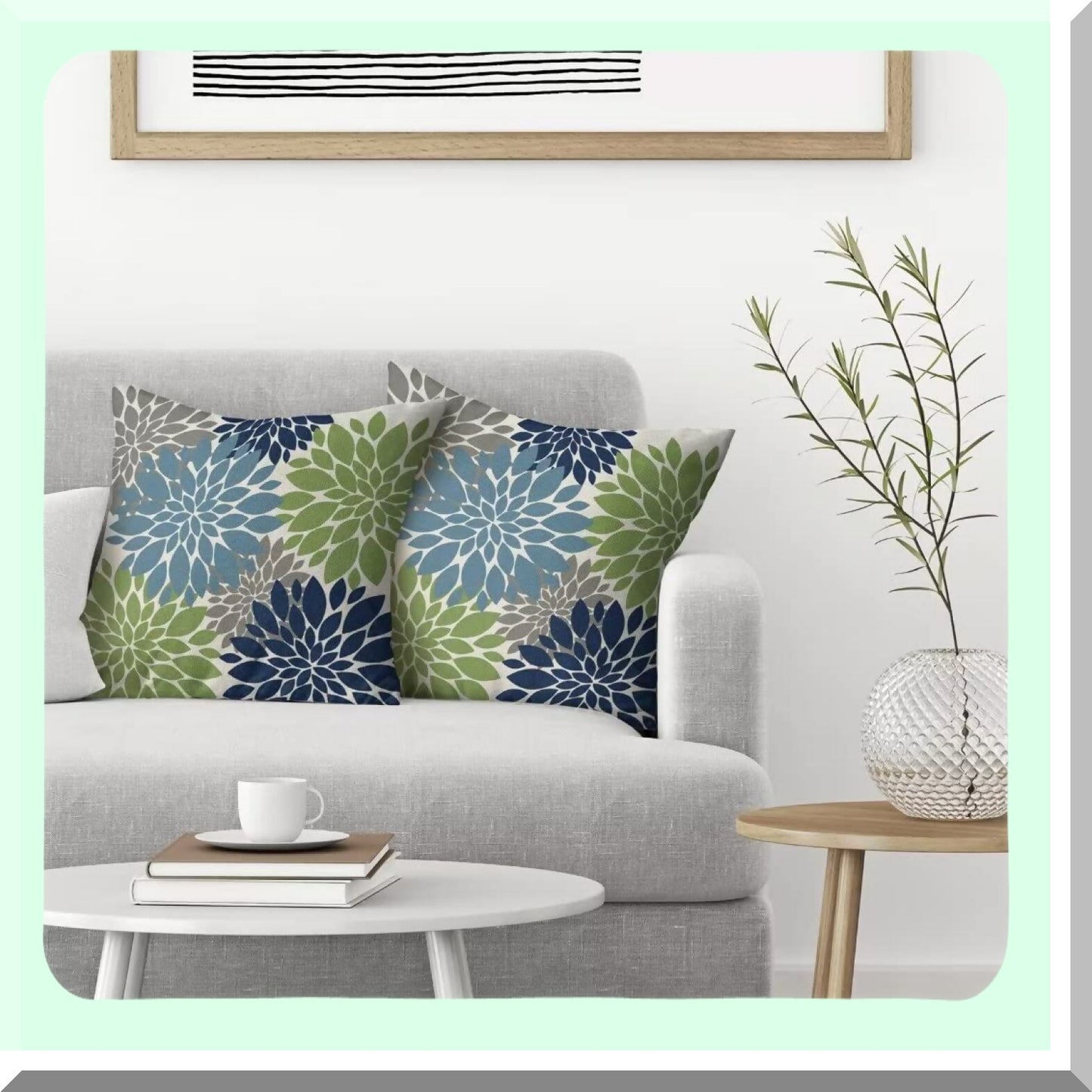 Geometry Blooms Pillow Covers - Set of 2 Navy Light Blue Green Decorative Throw Pillow Covers. Modern Linen Farmhouse Design for Couch Sofa Summer Home Outdoor Decor.