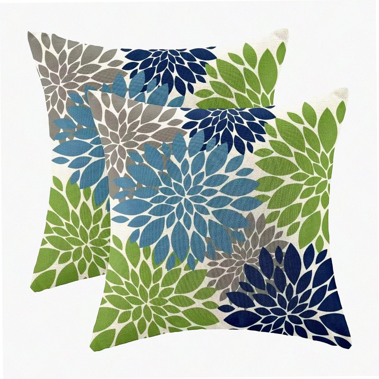 Geometry Blooms Pillow Covers - Set of 2 Navy Light Blue Green Decorative Throw Pillow Covers. Modern Linen Farmhouse Design for Couch Sofa Summer Home Outdoor Decor.
