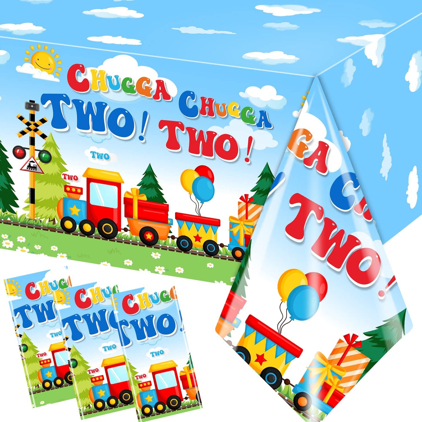 Chugga Chugga Party Table Cloth - Set of 3 Train Birthday Supplies for Boys 2nd Celebration - Plastic Transportation Decorations