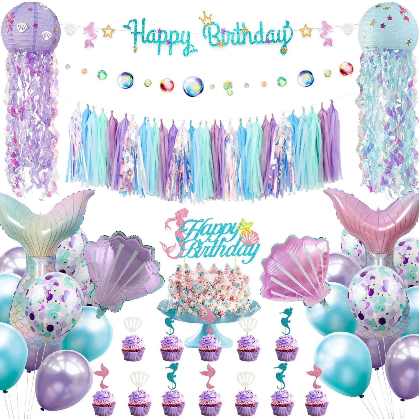 Mermaid Party Pack - Banner, Garland, Lanterns, Balloons, Cake Topper - Happy Birthday Decorations for Kids, Girls, Women - Under the Sea Celebration