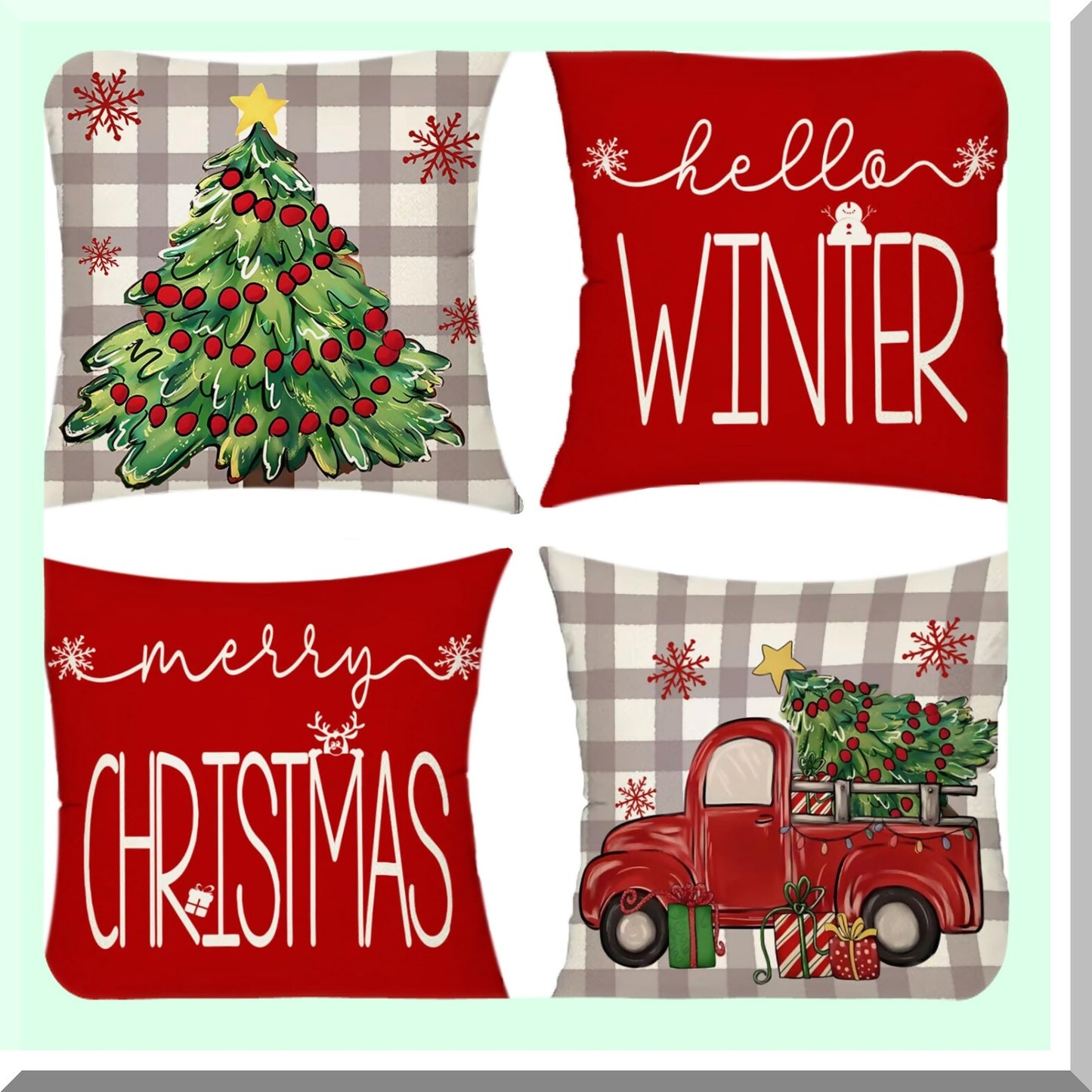 Winter Wonderland Pillow Covers - Set of 4, Red Tree Truck Snowflake Merry Hello Holiday Farmhouse Xmas Decorative Throw Pillows 18x18 for Sofa