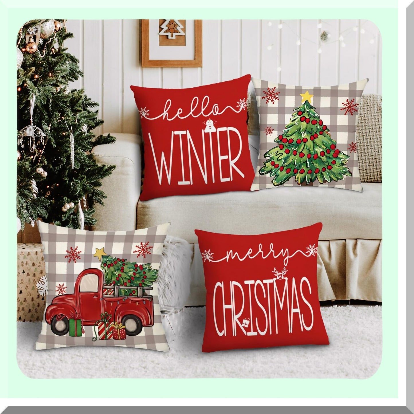 Winter Wonderland Pillow Covers - Set of 4, Red Tree Truck Snowflake Merry Hello Holiday Farmhouse Xmas Decorative Throw Pillows 18x18 for Sofa