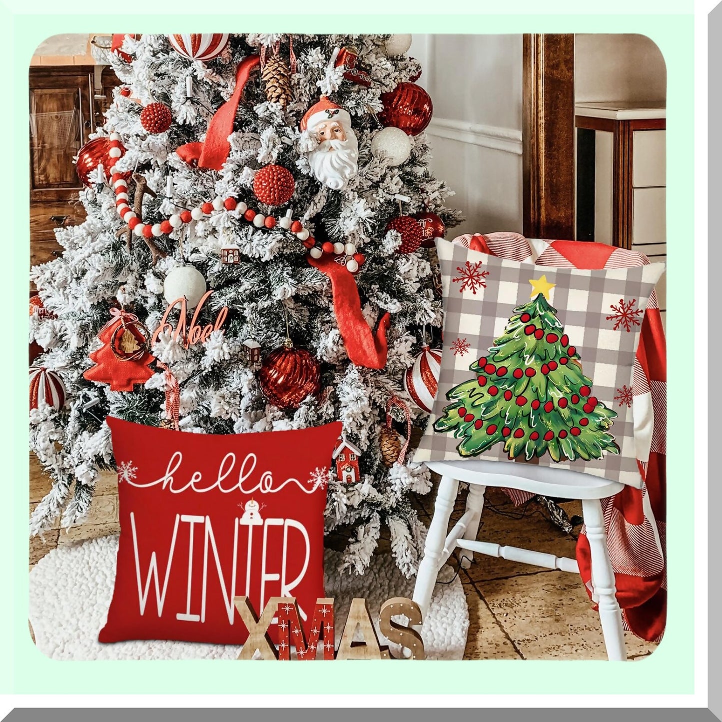 Winter Wonderland Pillow Covers - Set of 4, Red Tree Truck Snowflake Merry Hello Holiday Farmhouse Xmas Decorative Throw Pillows 18x18 for Sofa