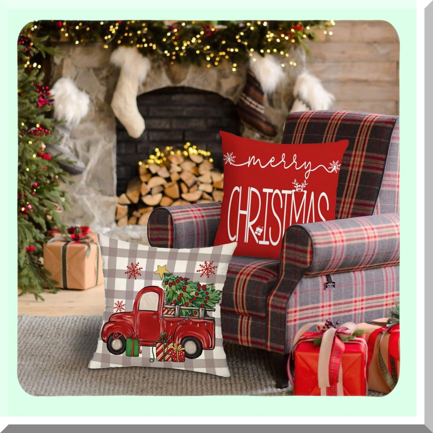Winter Wonderland Pillow Covers - Set of 4, Red Tree Truck Snowflake Merry Hello Holiday Farmhouse Xmas Decorative Throw Pillows 18x18 for Sofa