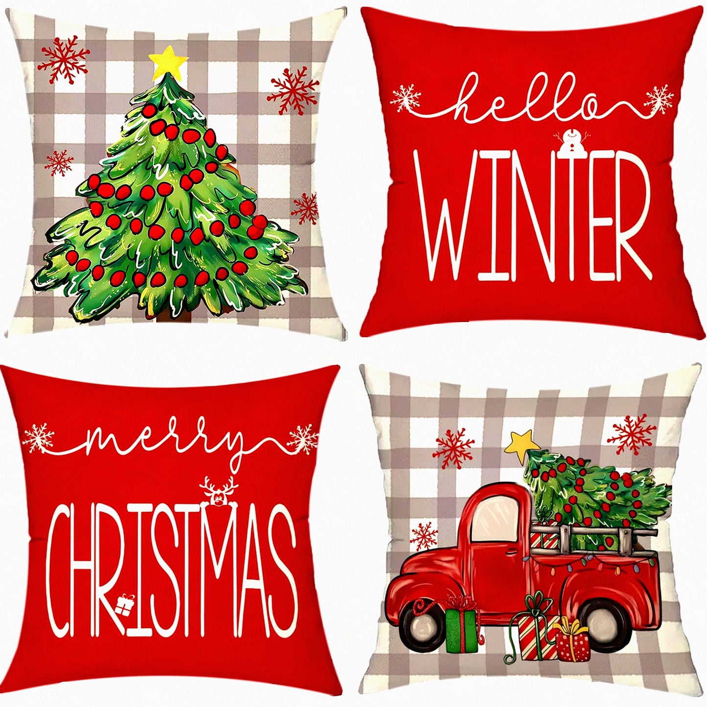 Winter Wonderland Pillow Covers - Set of 4, Red Tree Truck Snowflake Merry Hello Holiday Farmhouse Xmas Decorative Throw Pillows 18x18 for Sofa