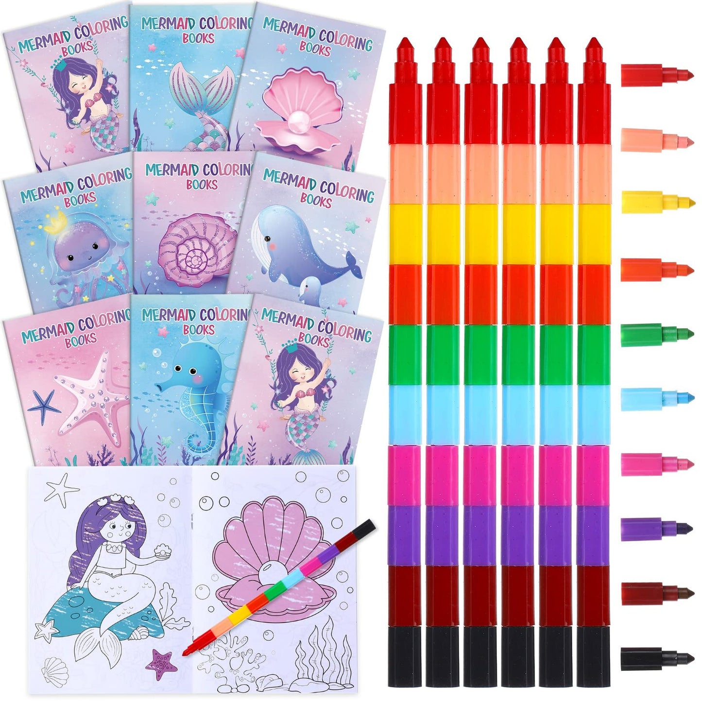 Mermaid Rainbow Coloring Set for Kids - 24 Activity Books & Stacking Crayons - Birthday Party Favors - Bulk Favor Bag Filler - Fun Mermaid Theme