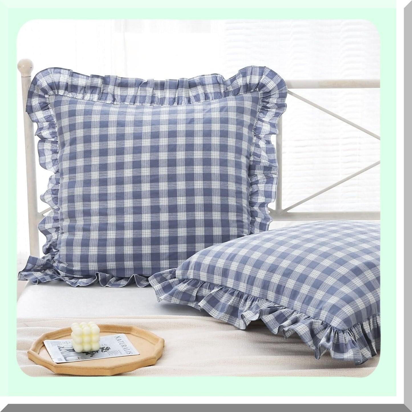 Ruffle Plaid Euro Sham Covers - Set of 2, 26x26 inches, Washed Cotton Linen Look, Buffalo Gingham Farmhouse French Country Bed Pillow Shams