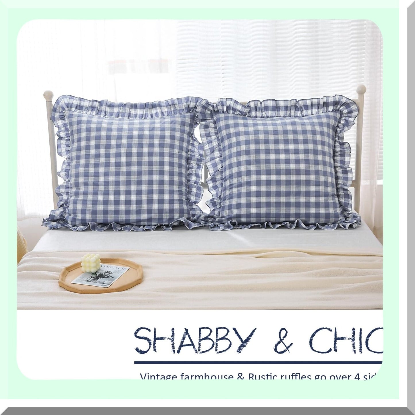Ruffle Plaid Euro Sham Covers - Set of 2, 26x26 inches, Washed Cotton Linen Look, Buffalo Gingham Farmhouse French Country Bed Pillow Shams