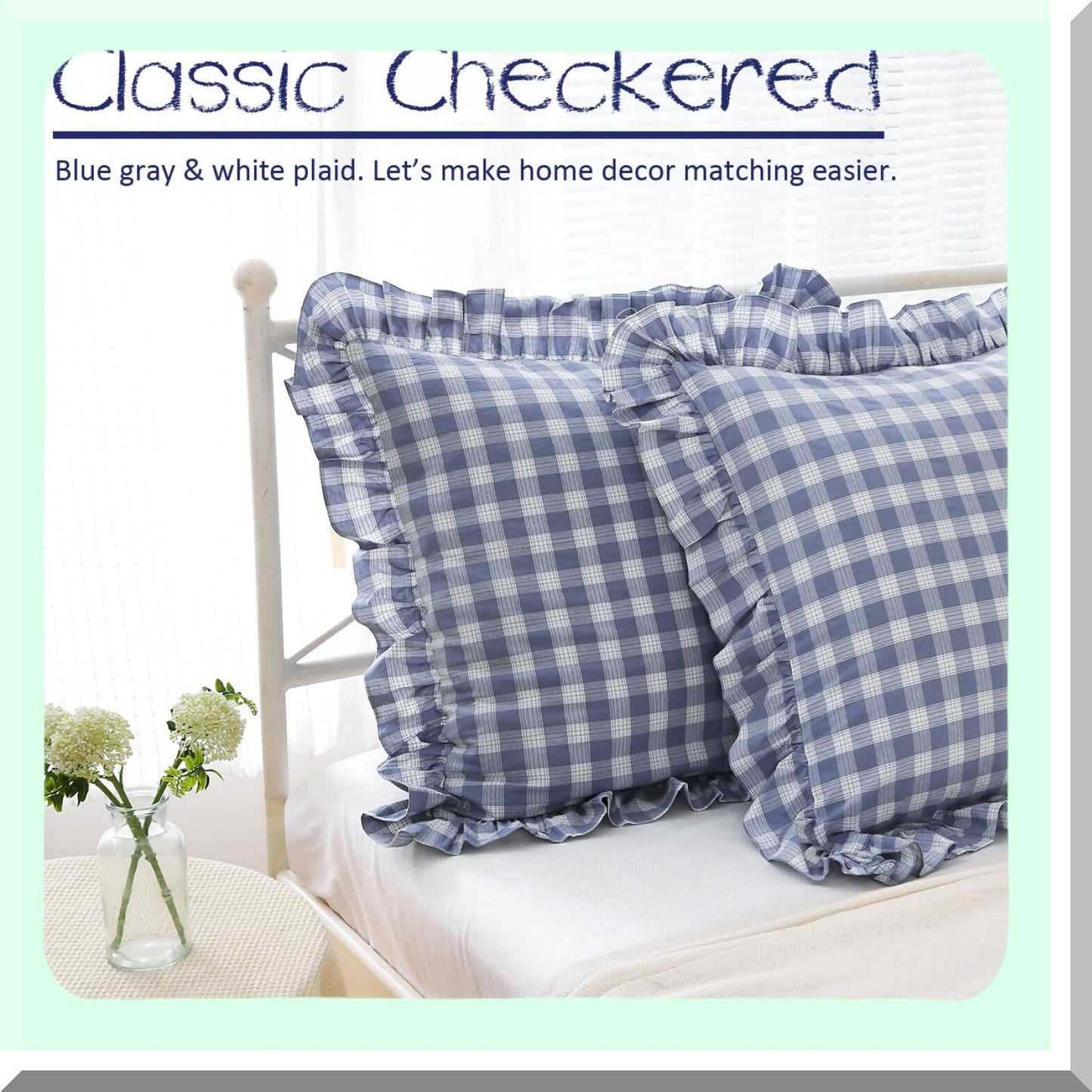 Ruffle Plaid Euro Sham Covers - Set of 2, 26x26 inches, Washed Cotton Linen Look, Buffalo Gingham Farmhouse French Country Bed Pillow Shams