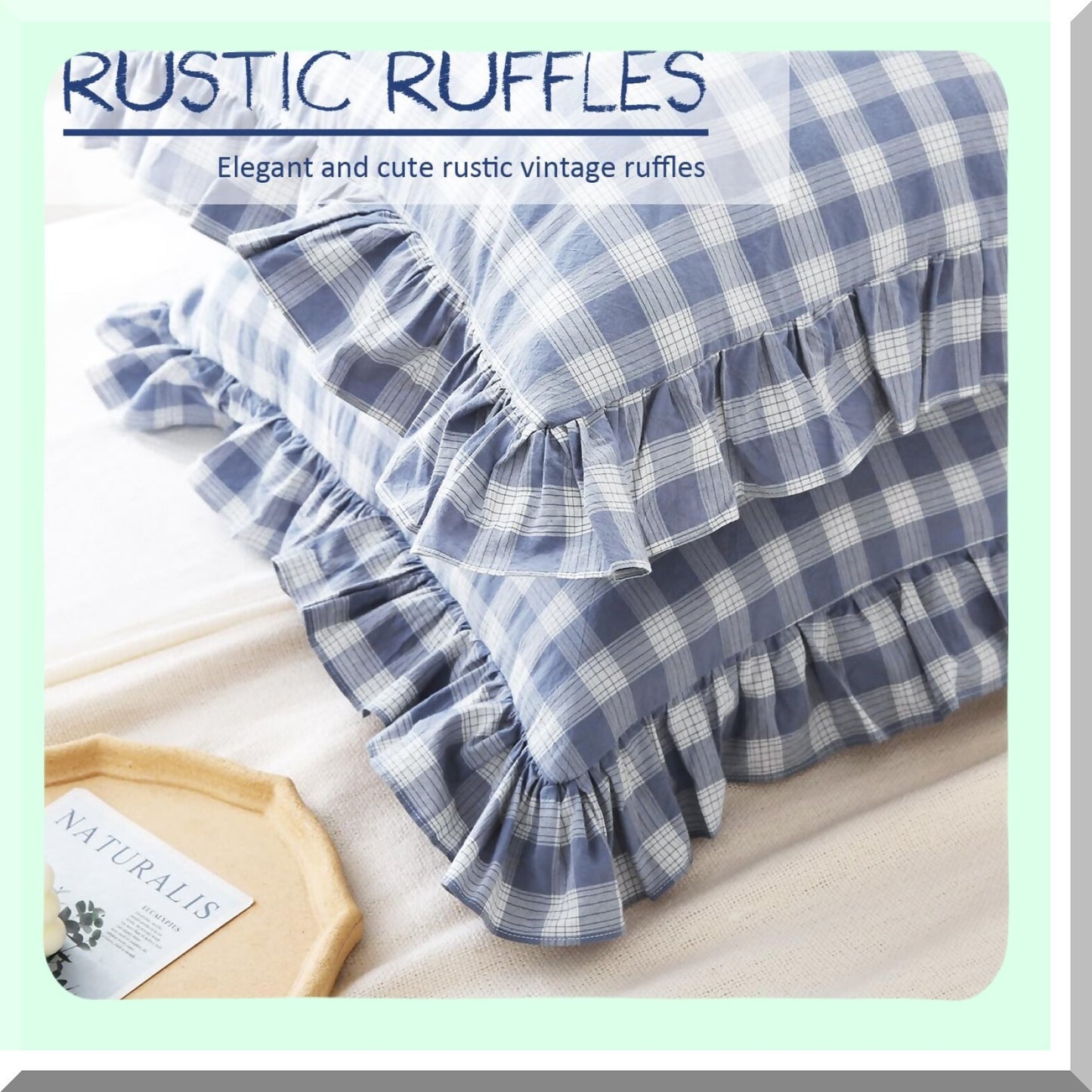 Ruffle Plaid Euro Sham Covers - Set of 2, 26x26 inches, Washed Cotton Linen Look, Buffalo Gingham Farmhouse French Country Bed Pillow Shams
