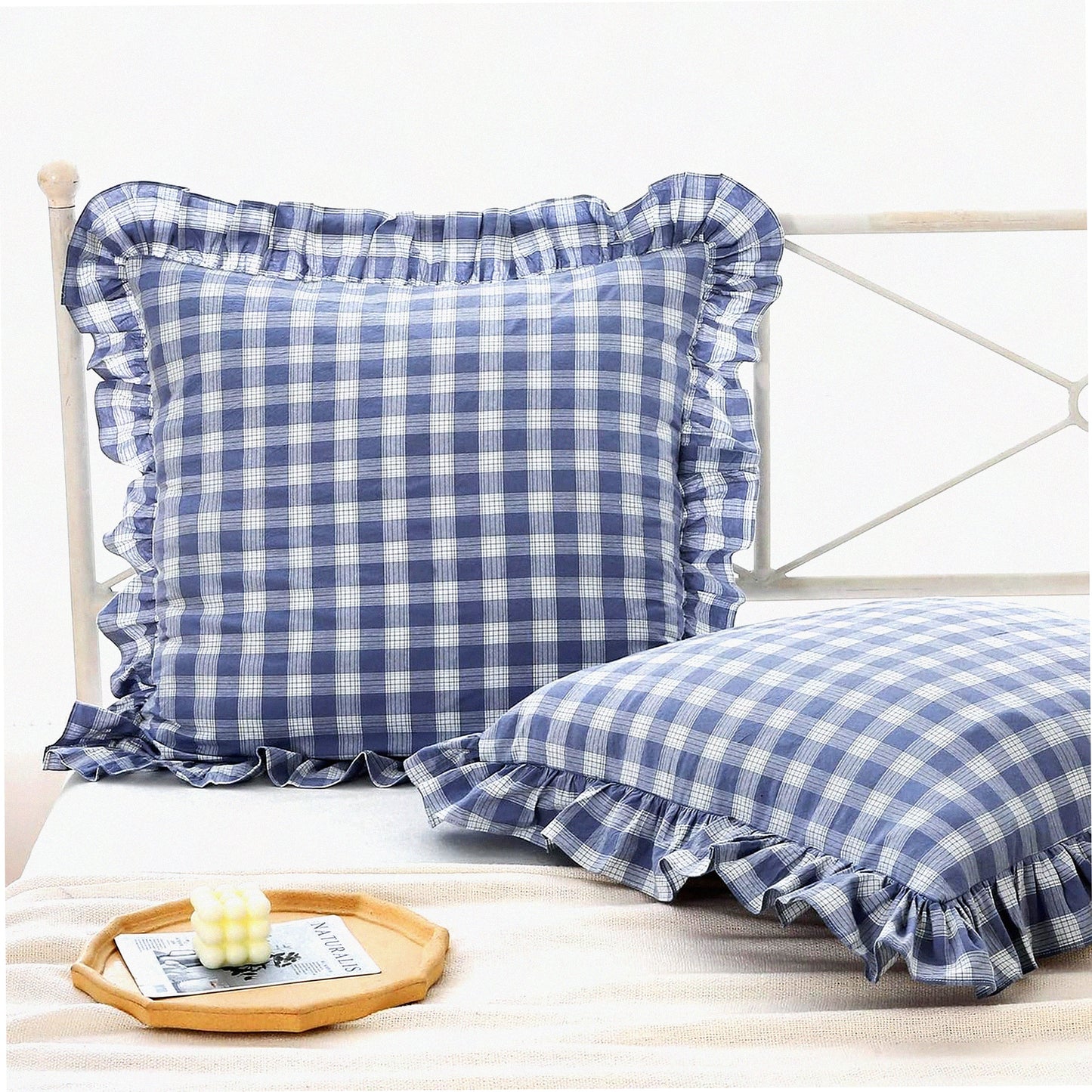 Ruffle Plaid Euro Sham Covers - Set of 2, 26x26 inches, Washed Cotton Linen Look, Buffalo Gingham Farmhouse French Country Bed Pillow Shams