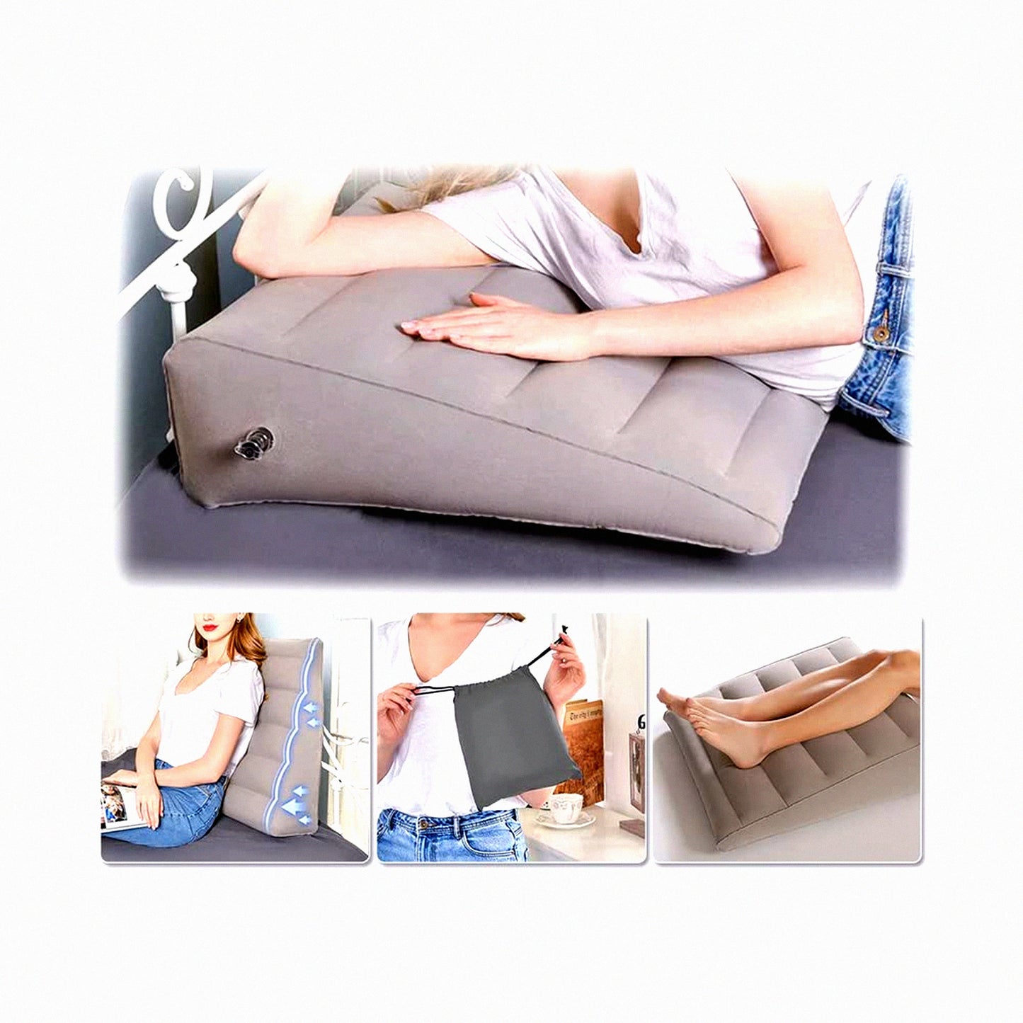 SleepEase Acid Reflux Relief Wedge Pillow - 30 Degree Incline Inflatable Body Positioner for Leg Elevation & Comfortable Sleep - Multipurpose Travel Cushion (Grey)