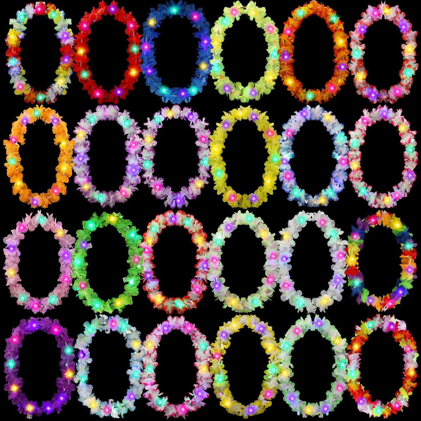 Rainbow Glow Hawaiian Lei Set - 48 LED Light Up Flower Necklaces for Luau, Beach Wedding, Masquerade & Tropical Themed Parties - Bright Colors