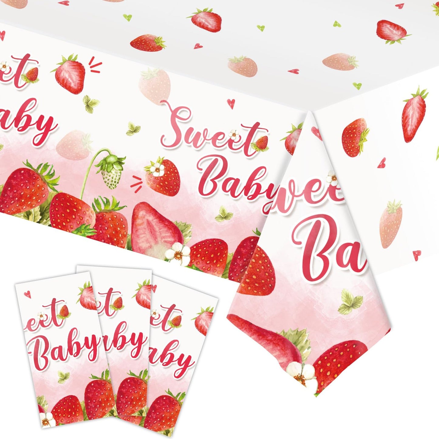 Strawberry Bliss Tablecloth Set - 3 Pcs Plastic Tablecovers for Berry First Birthday, Baby Shower & Summer Fruit Theme Party Decorations 54x108"