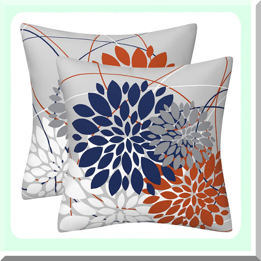 Dahlia Geometric Floral Pillow Covers - Set of 2, 18x18 Inch Blue Orange Throw Pillows for Spring Summer Farmhouse Outdoor Home Decor.