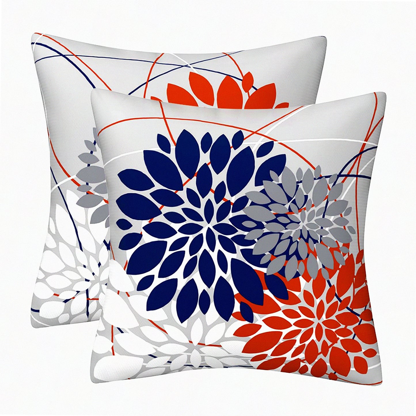 Dahlia Geometric Floral Pillow Covers - Set of 2, 18x18 Inch Blue Orange Throw Pillows for Spring Summer Farmhouse Outdoor Home Decor.