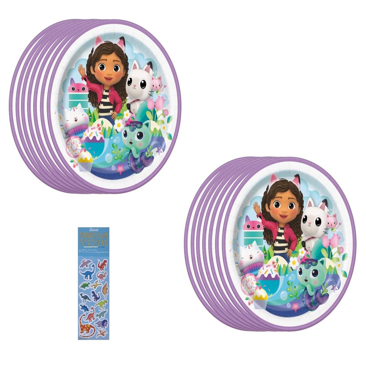 Dino Party Pack: Gabbys Dollhouse Birthday Supplies - 16 Plates & Sticker Sheet - Fun Dinosaur Theme for Kids Celebration - Lunch Paper Plates & More