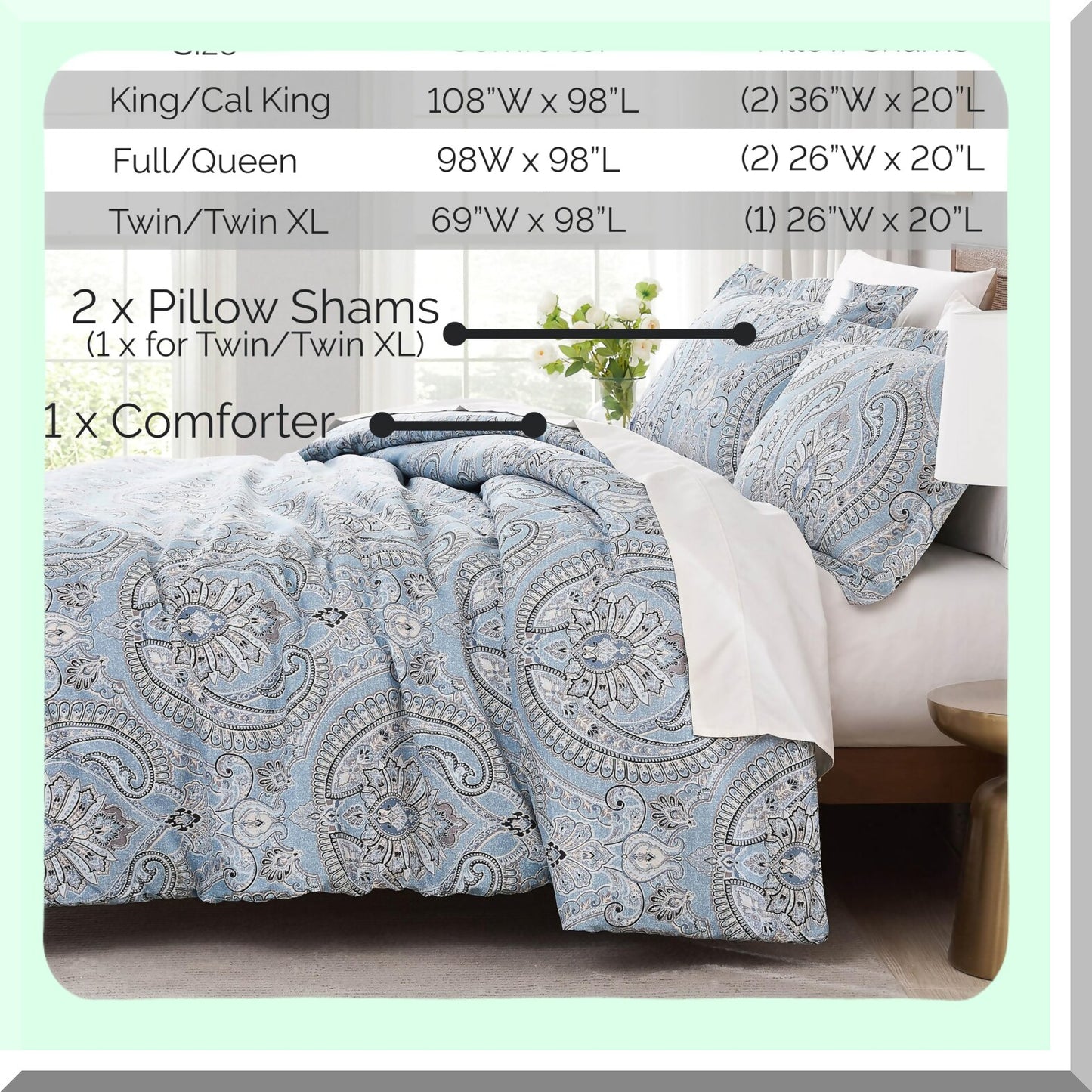 Luxury Paisley Comforter Set - Oversized Down Alternative Bedding for All-Season Warmth. Soft Cozy Bedspread with Matching Shams in Pure Melody Aqua, California King Size.