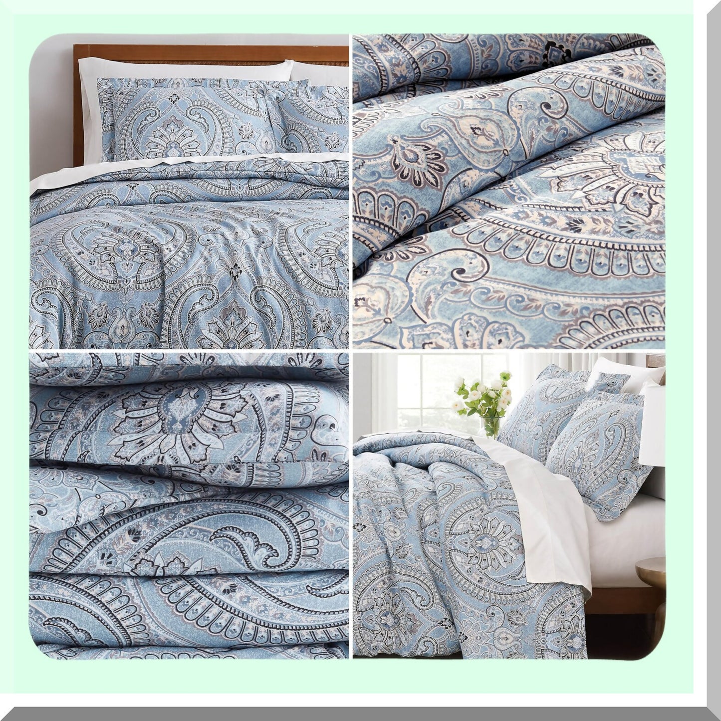Luxury Paisley Comforter Set - Oversized Down Alternative Bedding for All-Season Warmth. Soft Cozy Bedspread with Matching Shams in Pure Melody Aqua, California King Size.