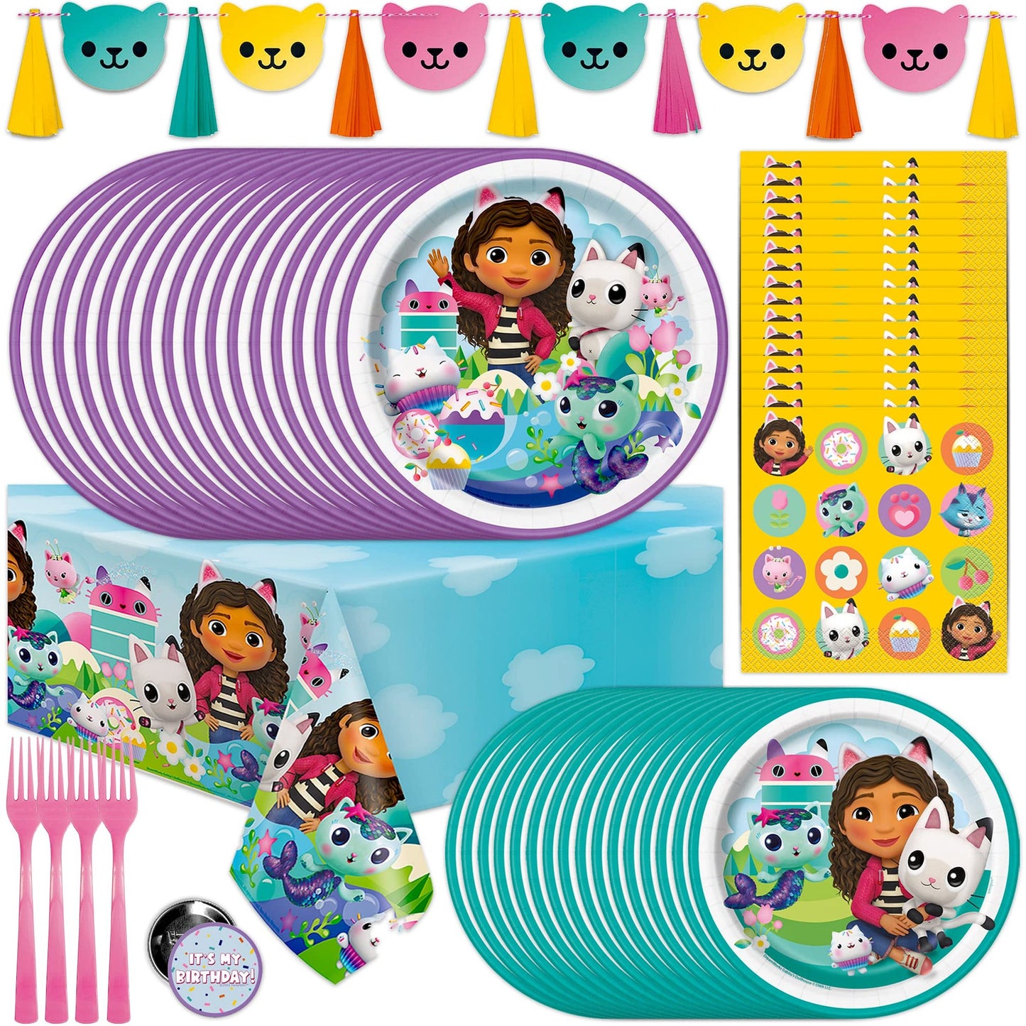 Dollhouse Party Pack - Official Gabby Banner, Tablecover, Plates, Napkins, Button - Serves 16 Guests - Complete Supplies for Gabby's Dollhouse Theme