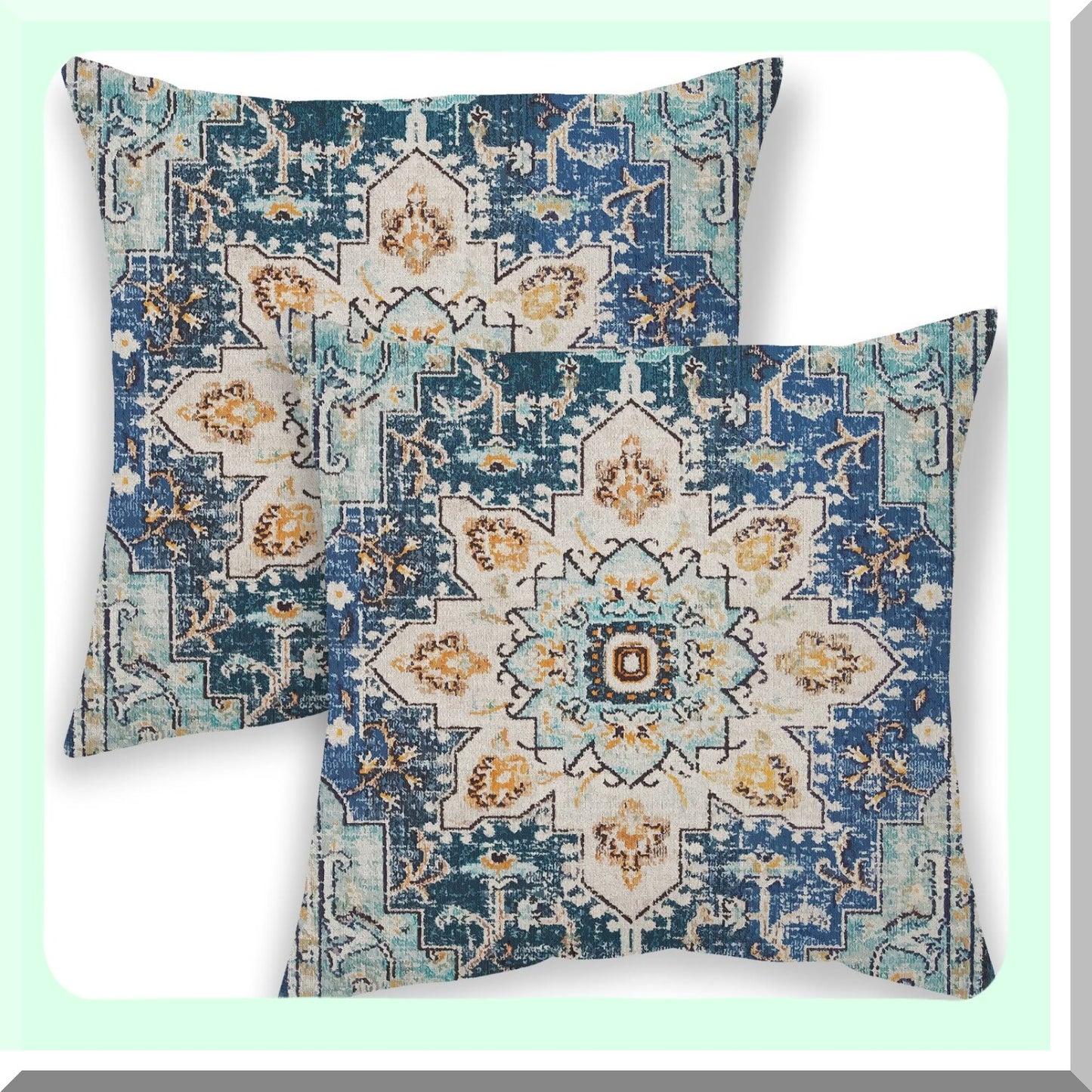 Boho Blue Teal Ethnic Throw Pillow Set - Farmhouse Linen Cushion Covers 18x18 for Couch, Bed, Car - Outdoor Decorative Carpet Pattern Pillowcase 2 Pcs