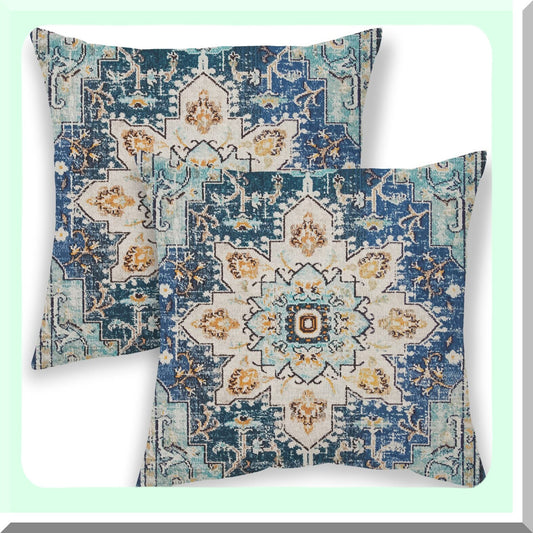 Boho Blue Teal Ethnic Throw Pillow Set - Farmhouse Linen Cushion Covers 18x18 for Couch, Bed, Car - Outdoor Decorative Carpet Pattern Pillowcase 2 Pcs