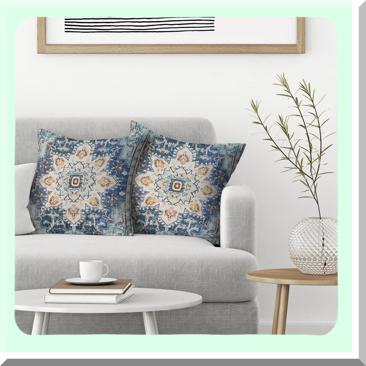Boho Blue Teal Ethnic Throw Pillow Set - Farmhouse Linen Cushion Covers 18x18 for Couch, Bed, Car - Outdoor Decorative Carpet Pattern Pillowcase 2 Pcs