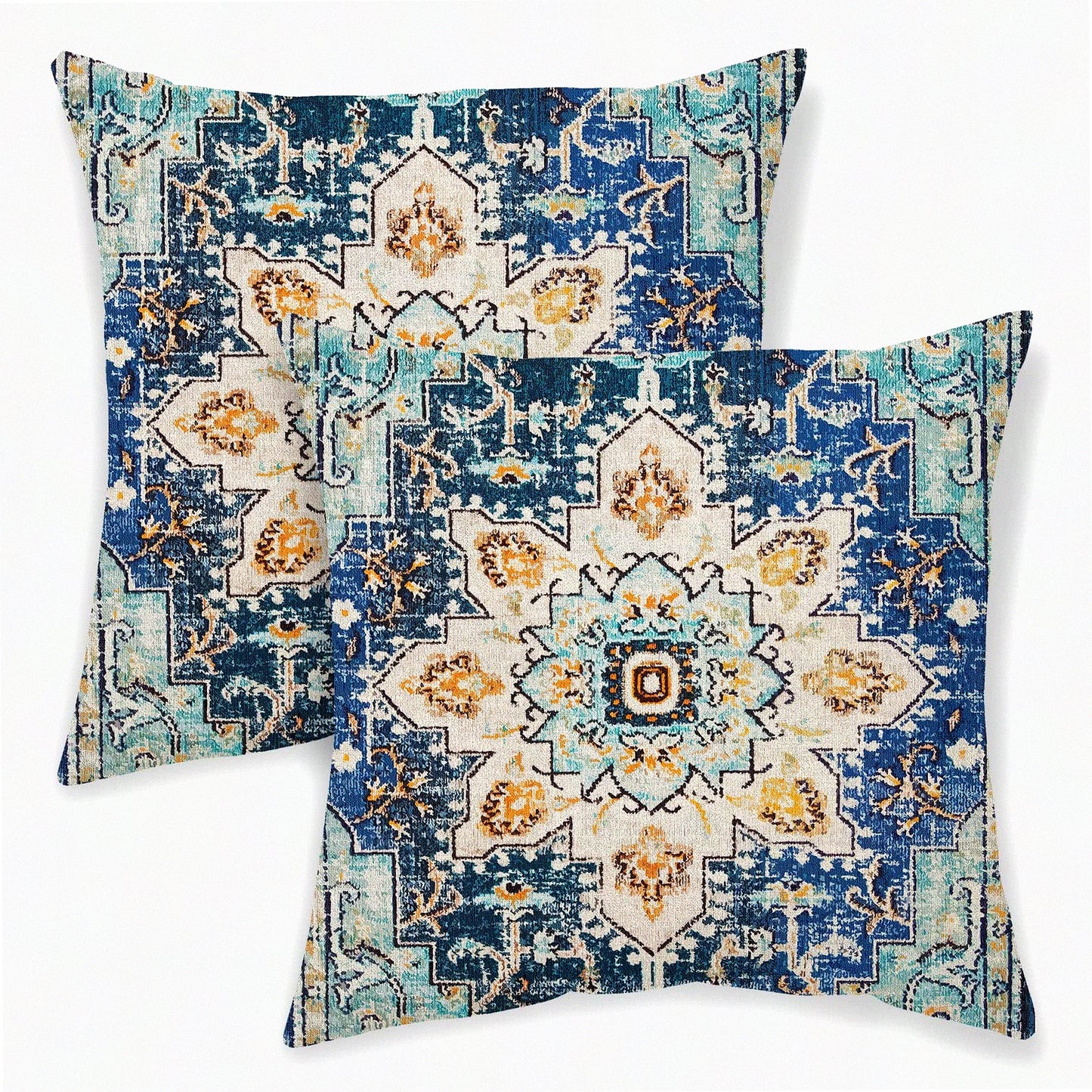 Boho Blue Teal Ethnic Throw Pillow Set - Farmhouse Linen Cushion Covers 18x18 for Couch, Bed, Car - Outdoor Decorative Carpet Pattern Pillowcase 2 Pcs