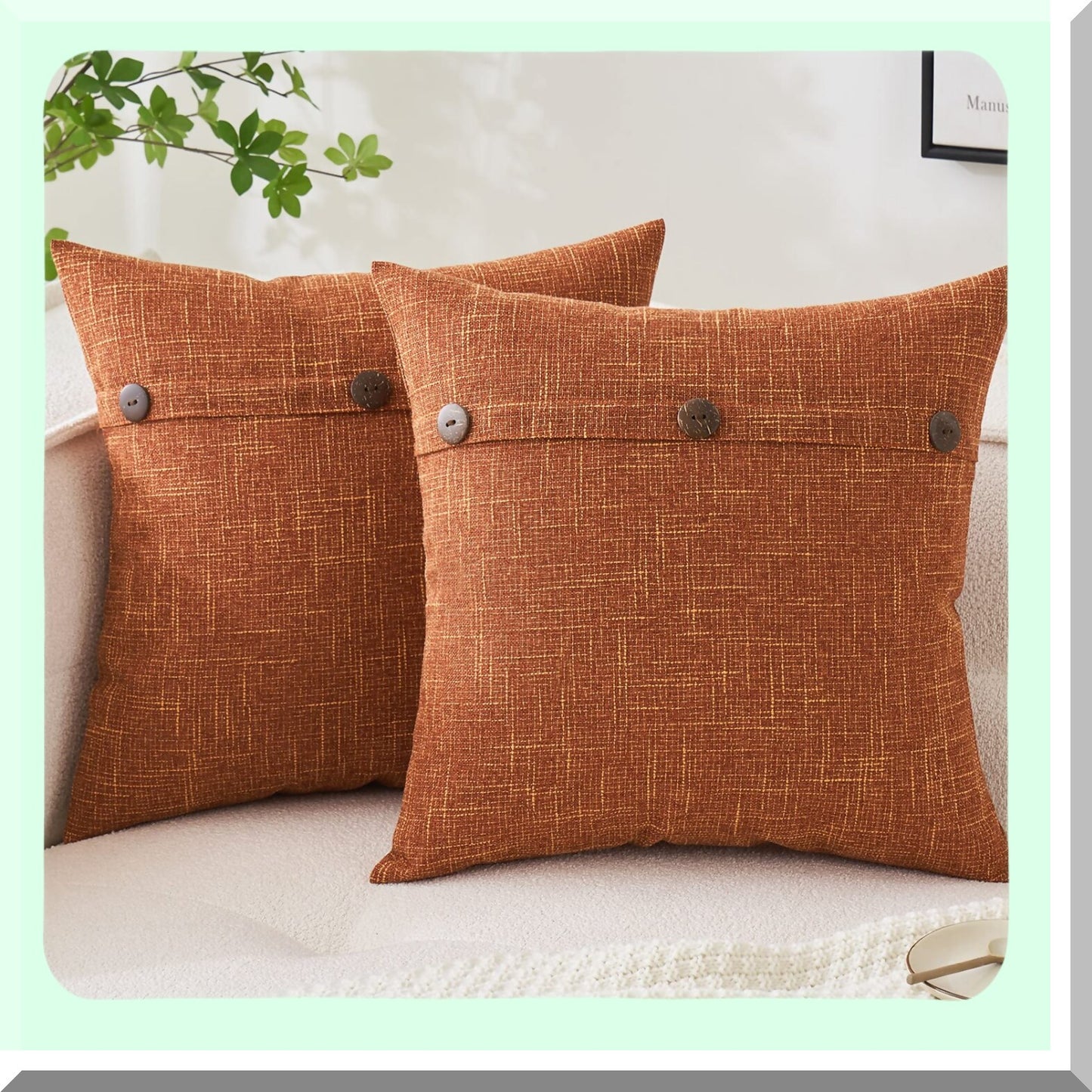 Vintage Farmhouse Linen Cushion Covers - Set of 2 Triple Button Decorative Throw Pillow Cases for Couch Sofa Bed - 18 x 18 Inch Rustic Pillowcase