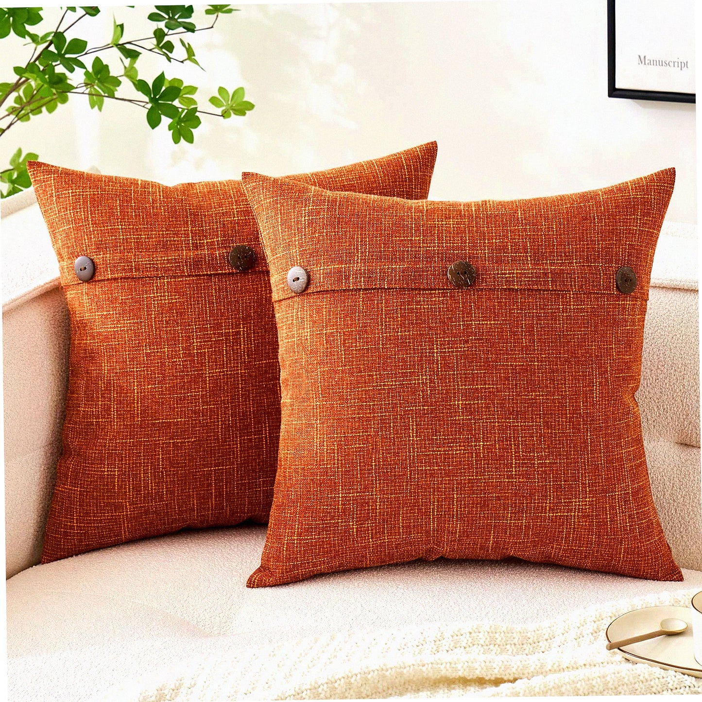 Vintage Farmhouse Linen Cushion Covers - Set of 2 Triple Button Decorative Throw Pillow Cases for Couch Sofa Bed - 18 x 18 Inch Rustic Pillowcase