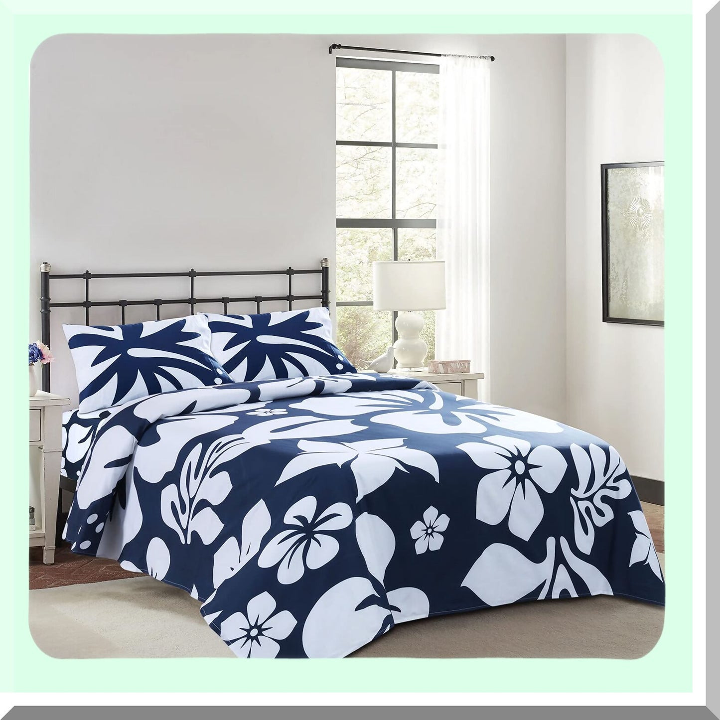 Navy Floral Bliss Cotton Sheet Set - Deep Pocket, Fade & Stain Resistant, Wrinkle Free Bedsheets - Full Size Floral Sheets - Extremely Stoked