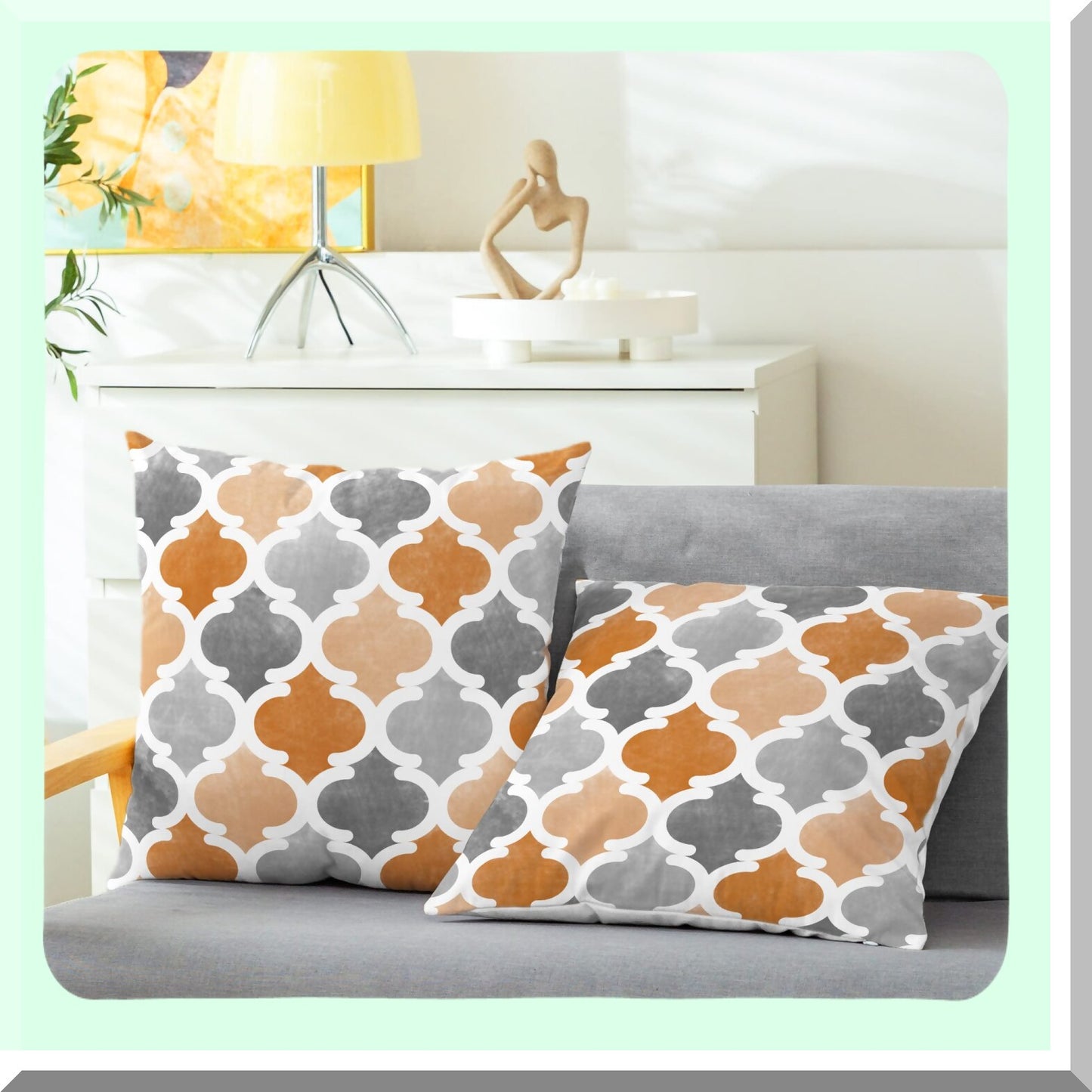 CozyFleece Gradient Geometric Trellis Chain Quatref Accent Decorative Cushion Covers - Pack of 2 - Farmhouse Decoration - Orange Grey - 18 X 18 Inches