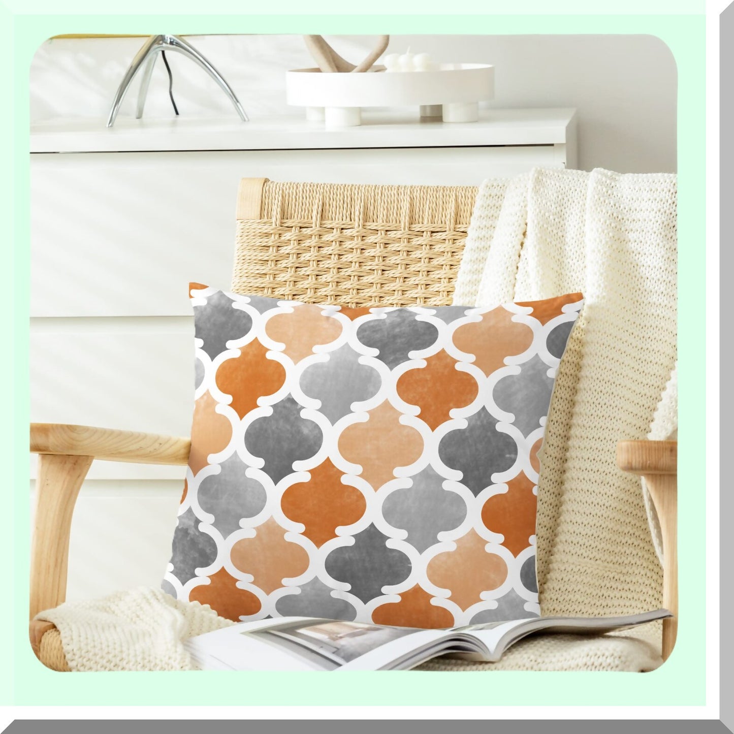 CozyFleece Gradient Geometric Trellis Chain Quatref Accent Decorative Cushion Covers - Pack of 2 - Farmhouse Decoration - Orange Grey - 18 X 18 Inches