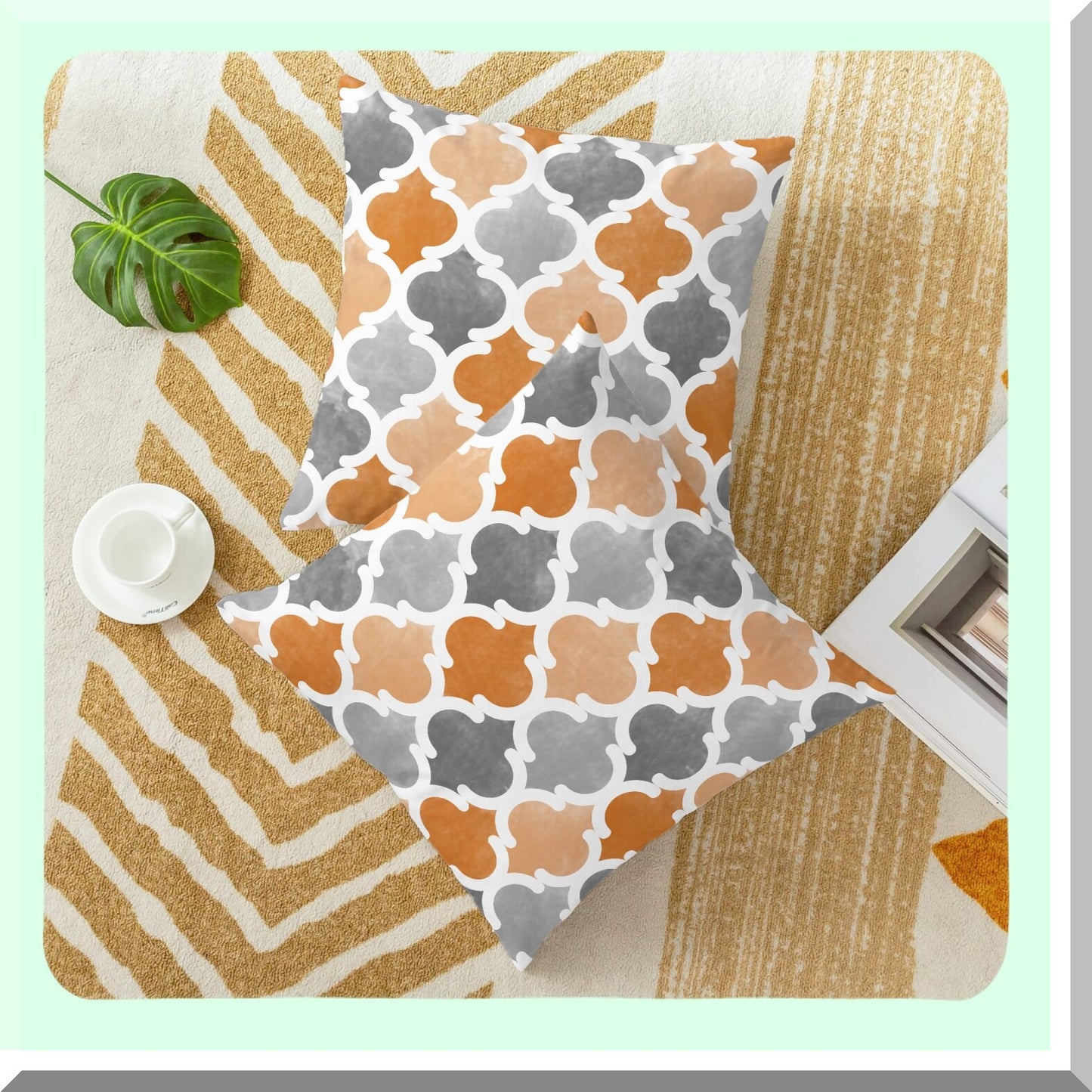 CozyFleece Gradient Geometric Trellis Chain Quatref Accent Decorative Cushion Covers - Pack of 2 - Farmhouse Decoration - Orange Grey - 18 X 18 Inches