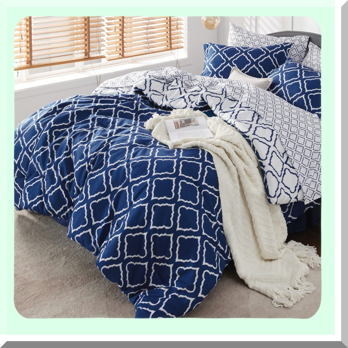 Navy Blue Full Comforter Set - 7 Piece Lightweight Bedding Bundle for Full Size Beds - All Season Bed in a Bag with Sheets, Pillowcases, Shams - Quatref Comforters