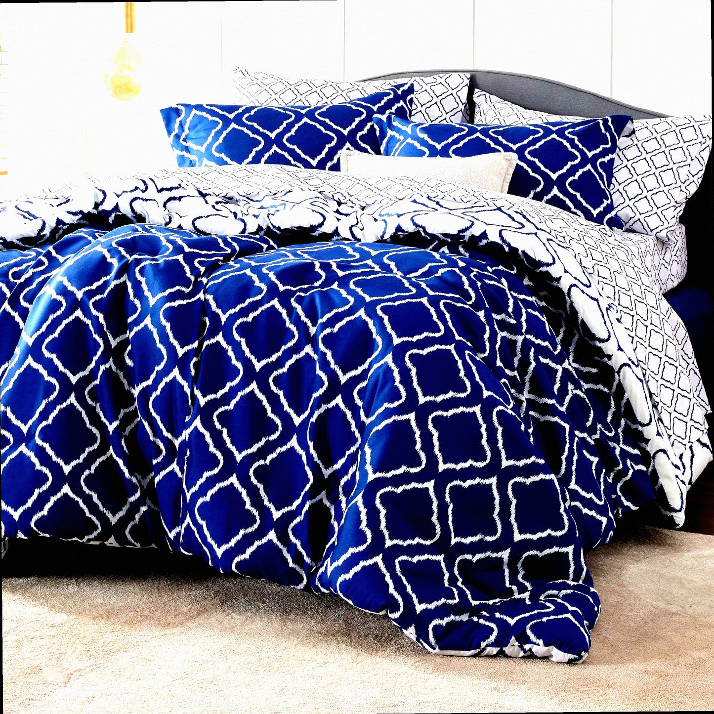 Navy Blue Full Comforter Set - 7 Piece Lightweight Bedding Bundle for Full Size Beds - All Season Bed in a Bag with Sheets, Pillowcases, Shams - Quatref Comforters