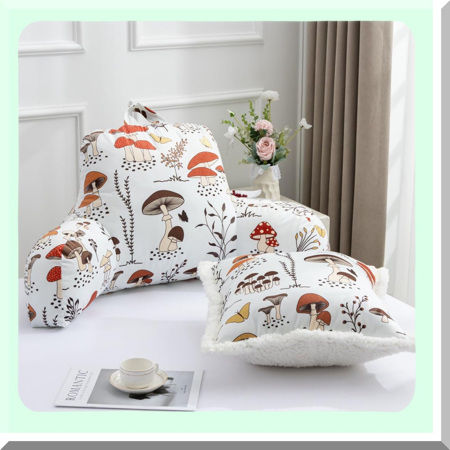 Mushroom Botanical Comfort Rest Pillow - Printed Reading Bed Wedge Backrest with Arms for Kids Teens Boys Girls, Couch TV Relax Back Support Cushion