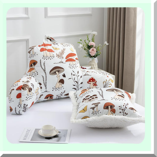 Mushroom Botanical Comfort Rest Pillow - Printed Reading Bed Wedge Backrest with Arms for Kids Teens Boys Girls, Couch TV Relax Back Support Cushion