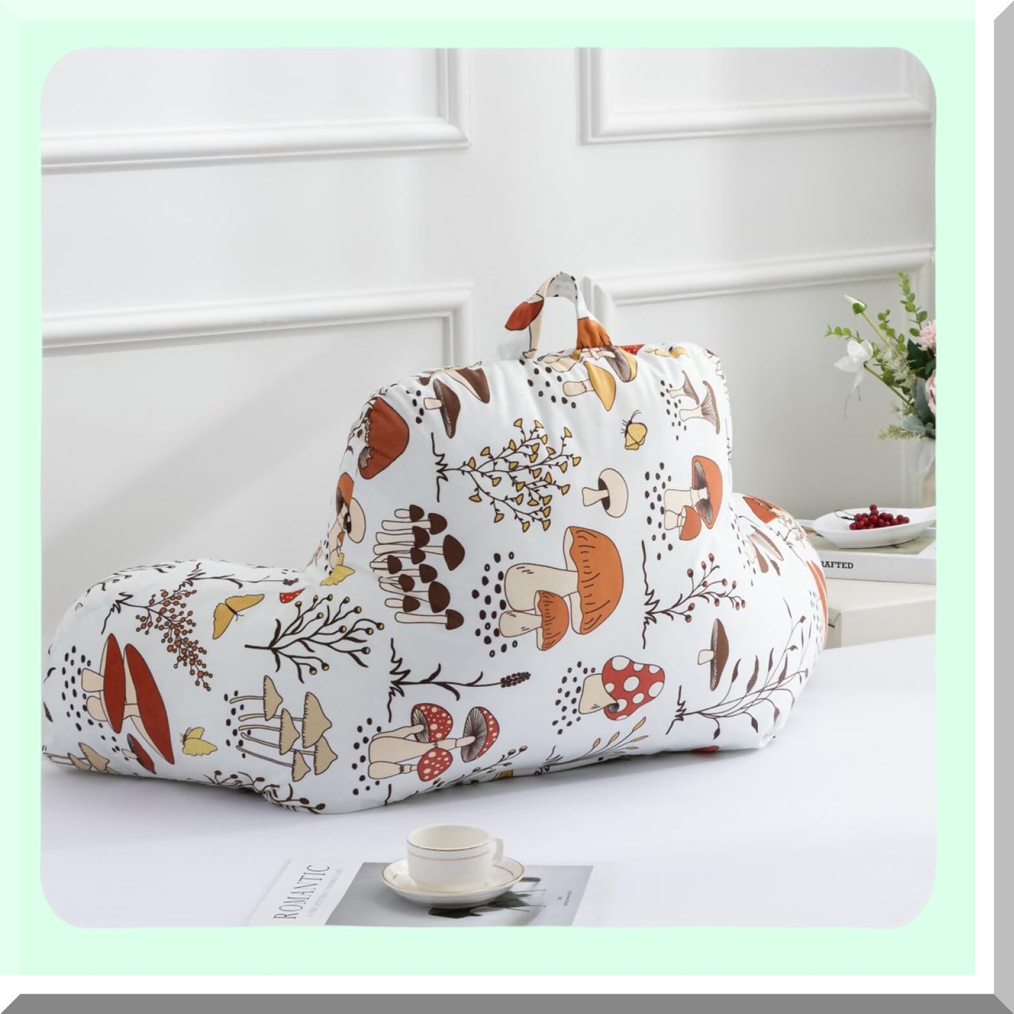 Mushroom Botanical Comfort Rest Pillow - Printed Reading Bed Wedge Backrest with Arms for Kids Teens Boys Girls, Couch TV Relax Back Support Cushion