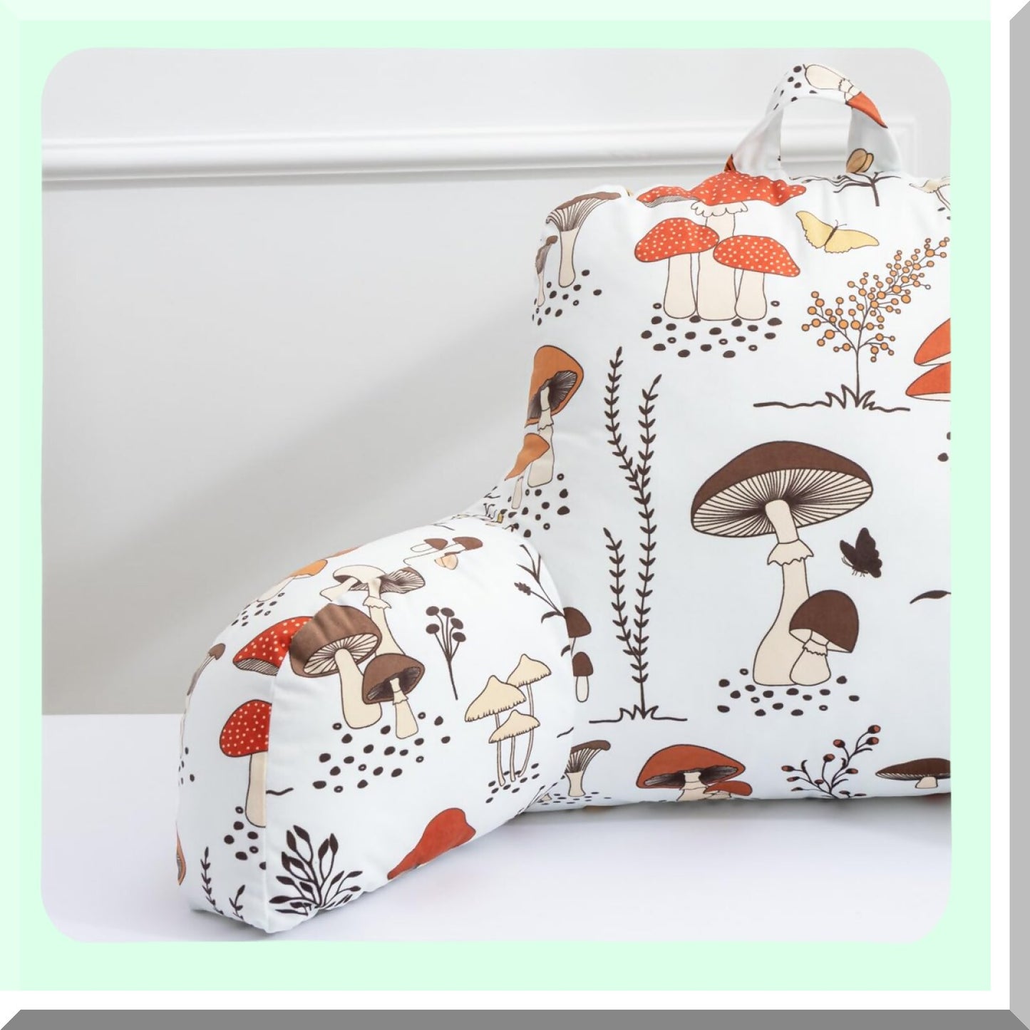 Mushroom Botanical Comfort Rest Pillow - Printed Reading Bed Wedge Backrest with Arms for Kids Teens Boys Girls, Couch TV Relax Back Support Cushion