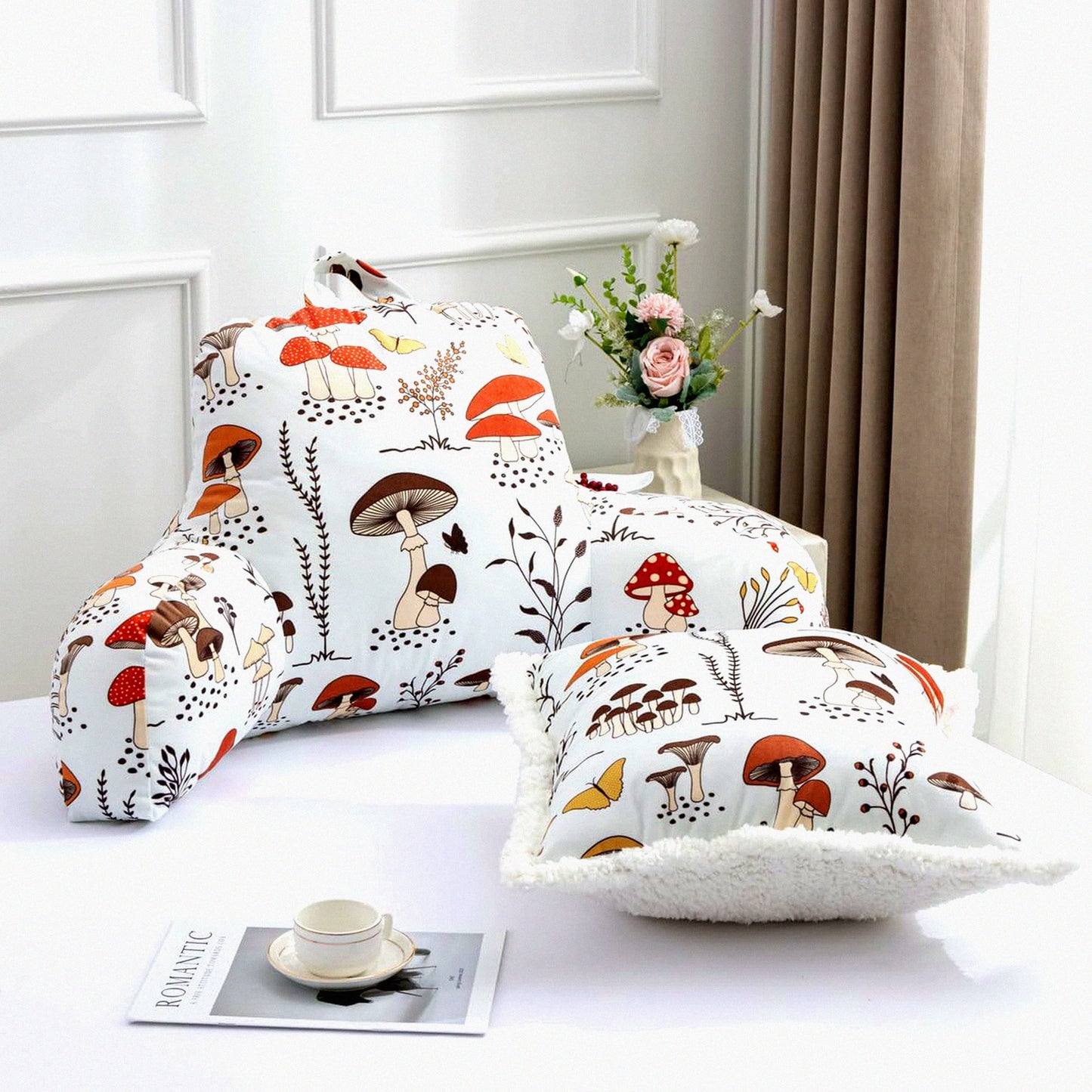 Mushroom Botanical Comfort Rest Pillow - Printed Reading Bed Wedge Backrest with Arms for Kids Teens Boys Girls, Couch TV Relax Back Support Cushion