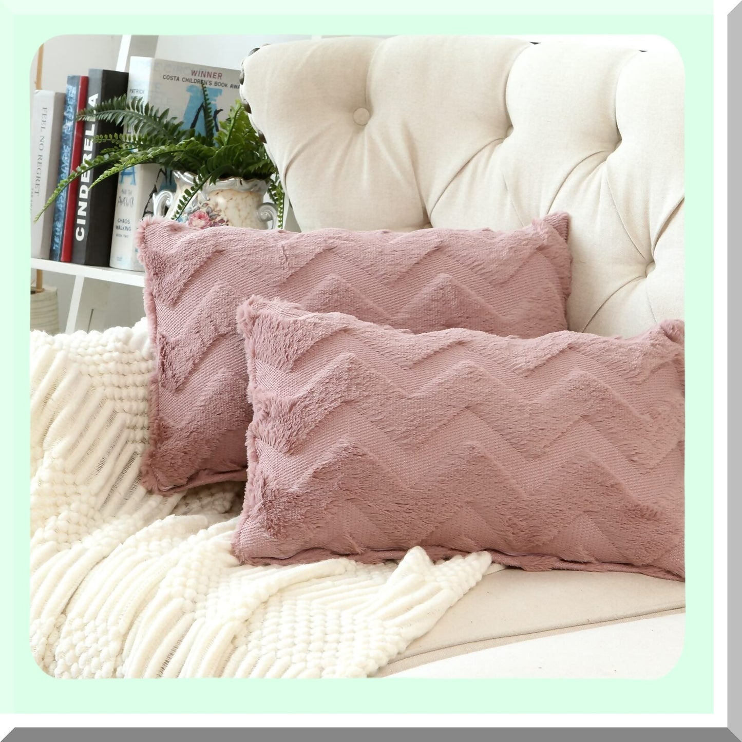 Winter Pink Boho Pillow Covers - Set of 2 Decorative Farmhouse Cushion Cover for Couch, Car, Sofa, Bedroom Home Decor - Cream Pillowcases - 12x20 Inch
