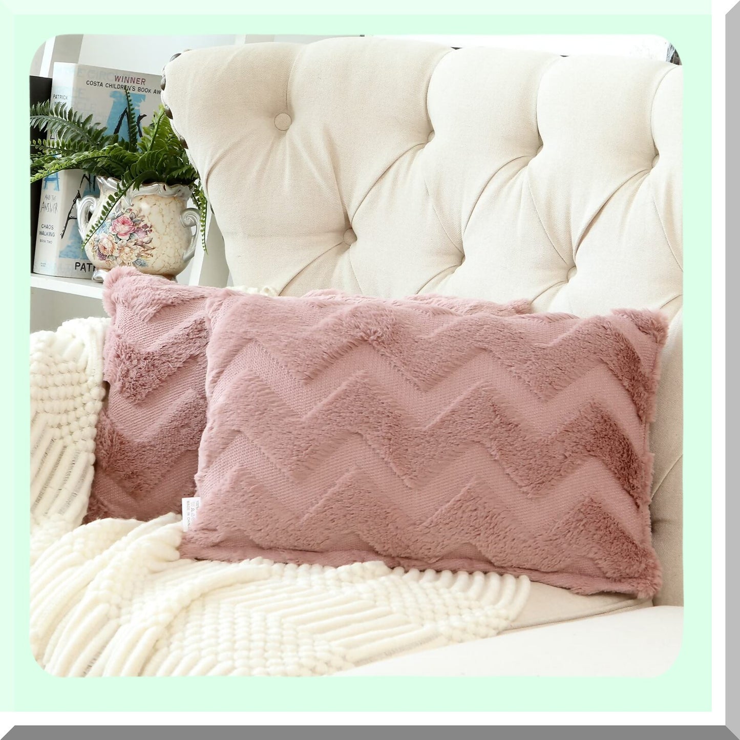 Winter Pink Boho Pillow Covers - Set of 2 Decorative Farmhouse Cushion Cover for Couch, Car, Sofa, Bedroom Home Decor - Cream Pillowcases - 12x20 Inch