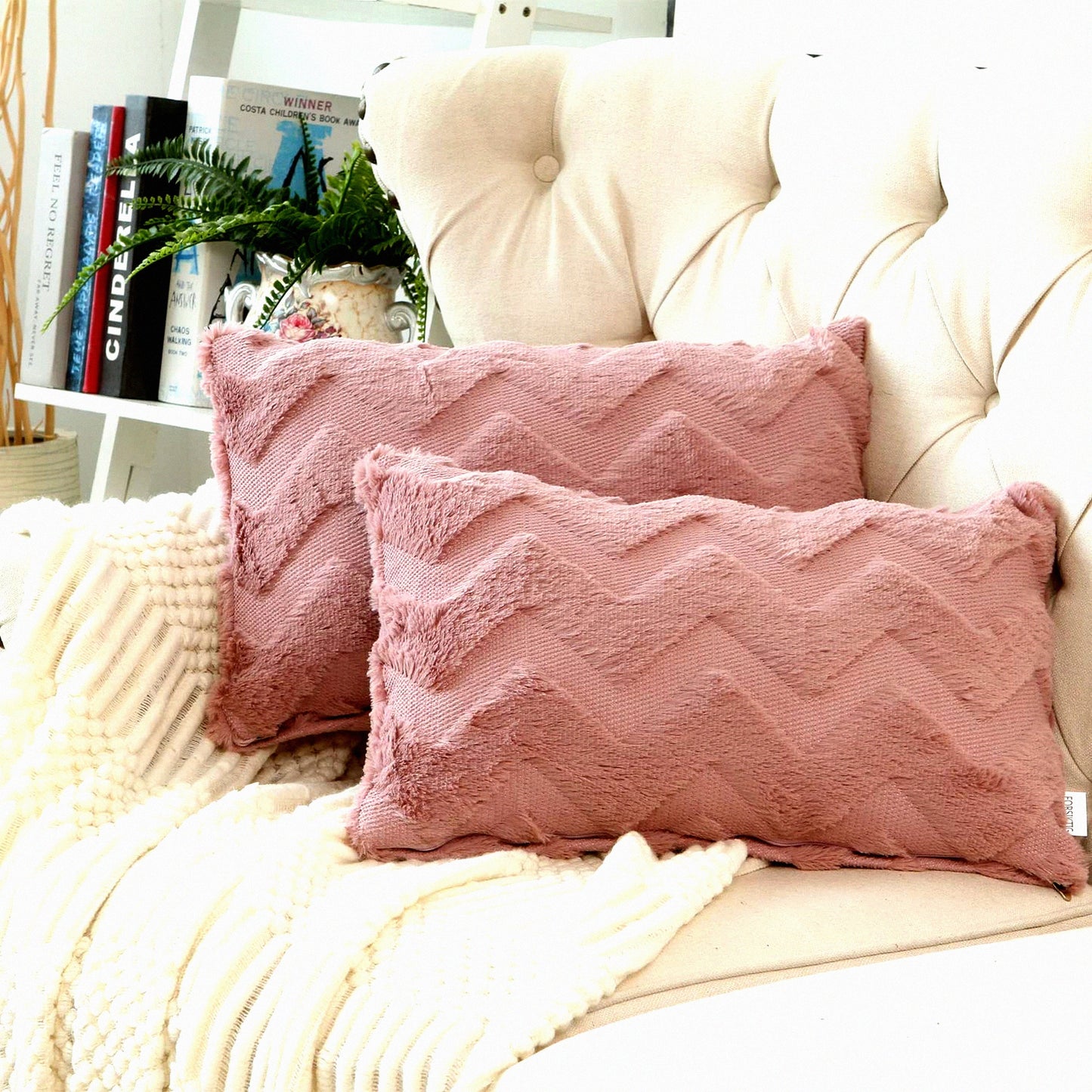 Winter Pink Boho Pillow Covers - Set of 2 Decorative Farmhouse Cushion Cover for Couch, Car, Sofa, Bedroom Home Decor - Cream Pillowcases - 12x20 Inch